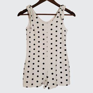 EUC GB Girls White Black Polka Dot Romper Pockets Tie Shoulder Accent Medium
